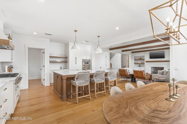 Dining room, Fireplace, Interior, Kitchen, Living room, Pendant Lights, Recessed Lighting, Wood Texture Flooring
