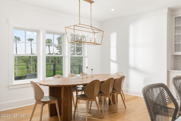 Dining room, Interior, Pendant Lights, Recessed Lighting, Wood Texture Flooring