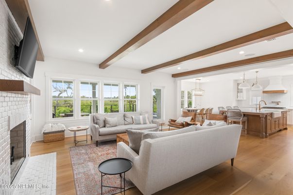 Dining room, Fireplace, Interior, Kitchen, Living room, Pendant Lights, Recessed Lighting, Wooden Beams, Wood Texture Flooring