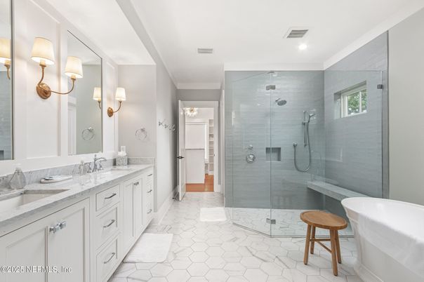 Bathroom, Dual Sink Vanities, Glass Shower, Interior, Marble, Recessed Lighting