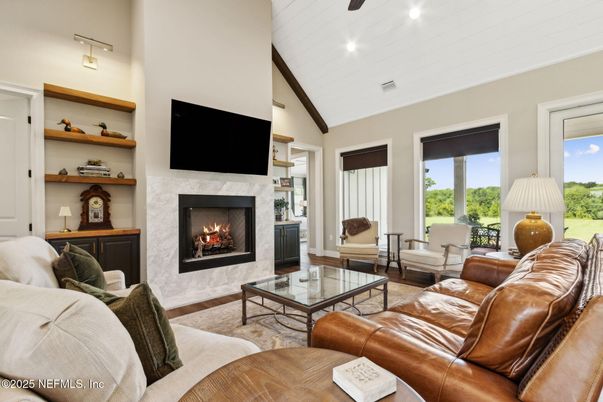 Fireplace, Interior, Living room, Recessed Lighting, Wood Texture Flooring