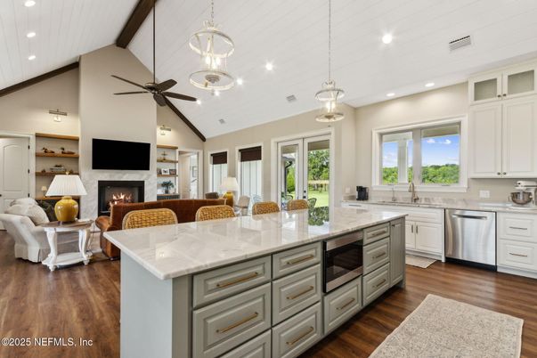 Fireplace, Interior, Kitchen, Living room, Pendant Lights, Recessed Lighting, Wood Texture Flooring