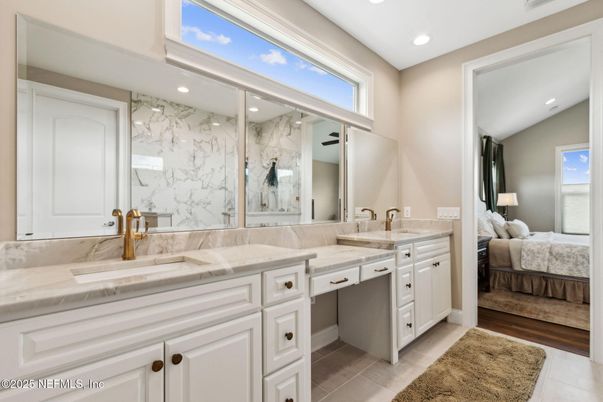 Bathroom, Bedroom, Dual Sink Vanities, Interior, Marble Walls, Recessed Lighting, Wood Texture Flooring