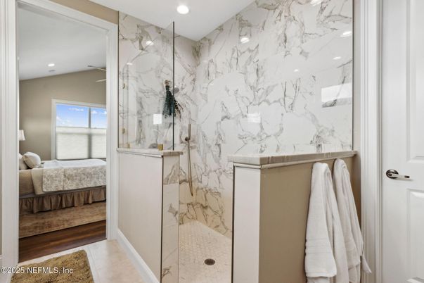 Bathroom, Bedroom, Glass Shower, Interior, Marble Walls, Recessed Lighting