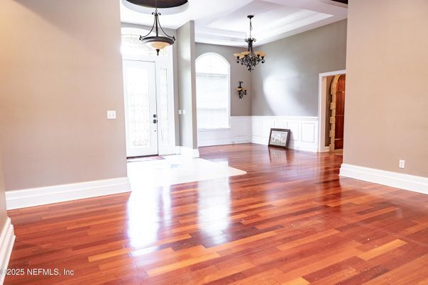 Chandelier, Empty room, Interior, Pendant Lights, Wood Texture Flooring