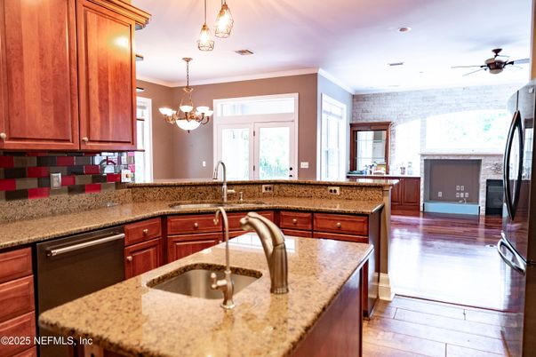 Chandelier, Interior, Kitchen, Recessed Lighting, Wood Texture Flooring