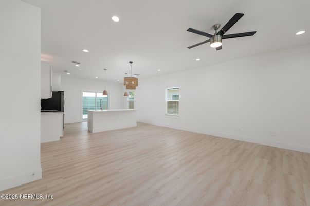 Empty room, Interior, Kitchen, Pendant Lights, Recessed Lighting, Wood Texture Flooring
