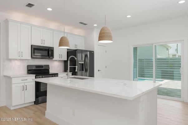 Interior, Kitchen, Pendant Lights, Recessed Lighting, Stainless Steel Appliances, Wood Texture Flooring