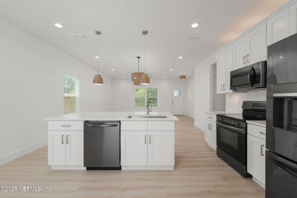 Interior, Kitchen, Pendant Lights, Recessed Lighting, Stainless Steel Appliances, Wood Texture Flooring