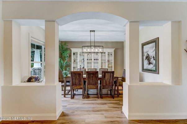 Dining room, Interior, Pendant Lights, Wood Texture Flooring