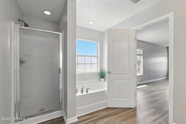Bathroom, Glass Shower, Interior, Recessed Lighting, Wood Texture Flooring