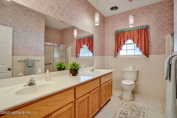 Bathroom, Dual Sink Vanities, Glass Shower, Interior, Pendant Lights
