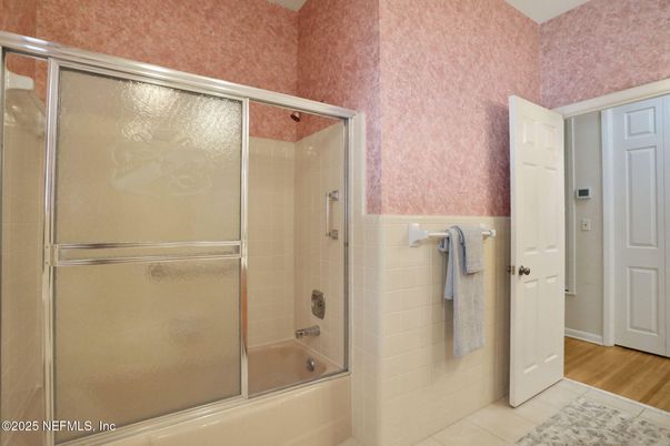 Bathroom, Glass Shower, Interior, Wood Texture Flooring