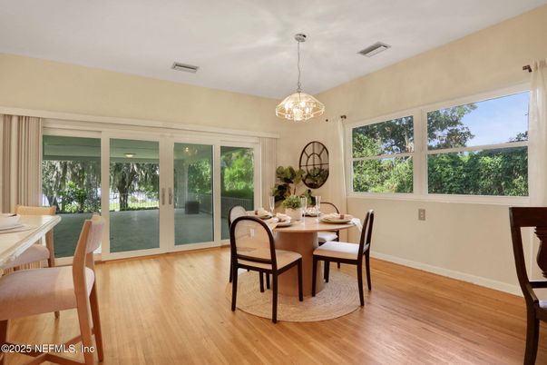 Dining room, Interior, Pendant Lights, Wood Texture Flooring