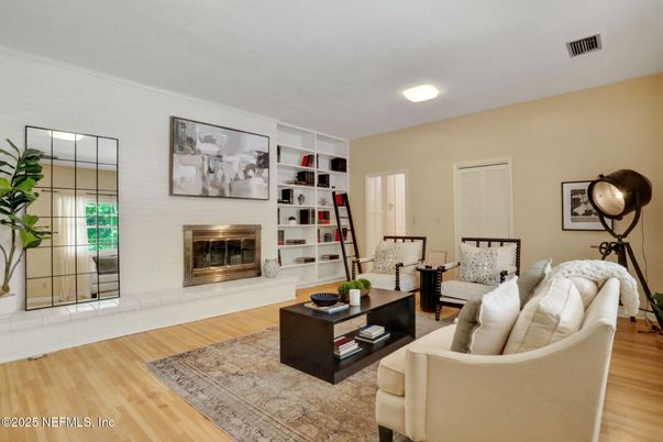 Fireplace, Interior, Living room, Recessed Lighting, Wood Texture Flooring