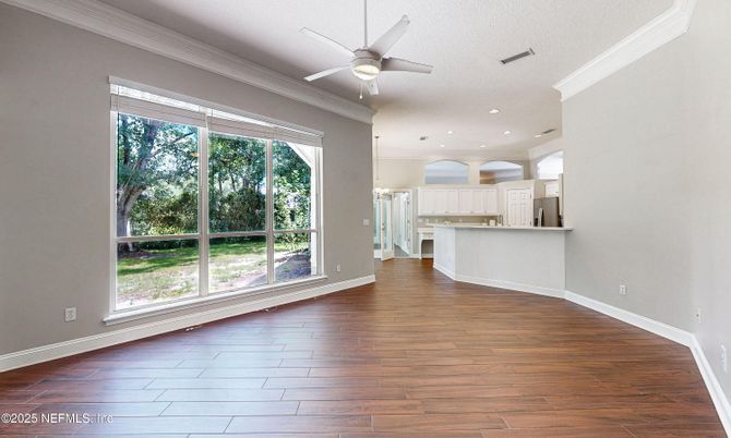 Empty room, Interior, Kitchen, Recessed Lighting, Wood Texture Flooring