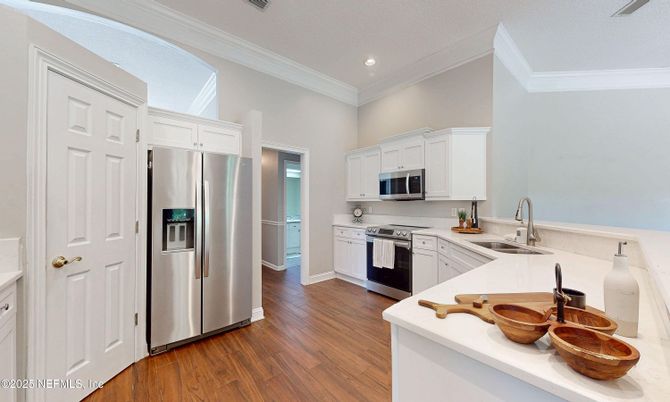 Interior, Kitchen, Recessed Lighting, Stainless Steel Appliances, Wood Texture Flooring