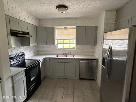 Interior, Kitchen, Stainless Steel Appliances, Stone Walls, Wood Texture Flooring