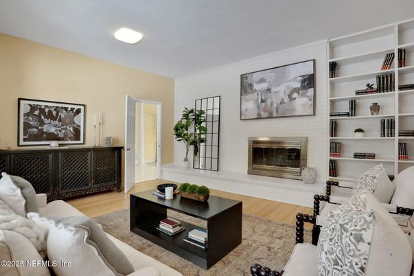 Fireplace, Interior, Living room, Recessed Lighting, Wood Texture Flooring