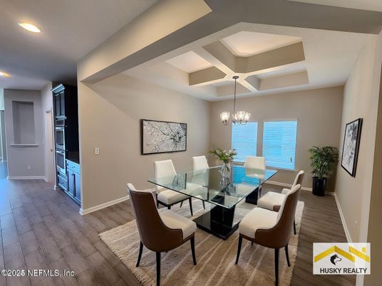 Chandelier, Dining room, Interior, Recessed Lighting, Wood Texture Flooring