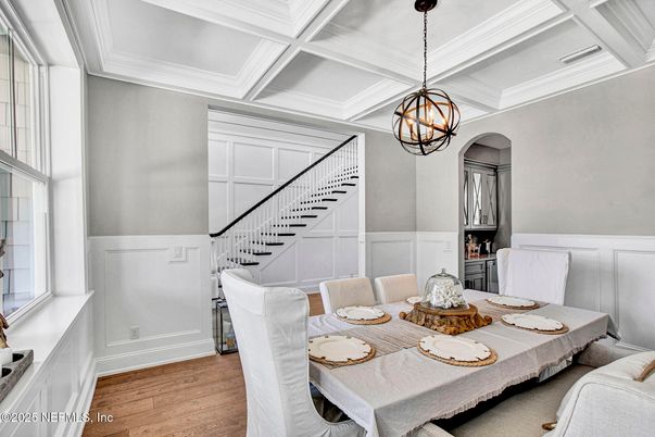 Chandelier, Dining room, Interior, Pendant Lights, Wood Texture Flooring