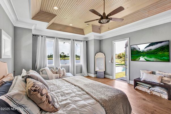 Bedroom, Interior, Recessed Lighting, Water, Wooden Ceilings, Wood Texture Flooring