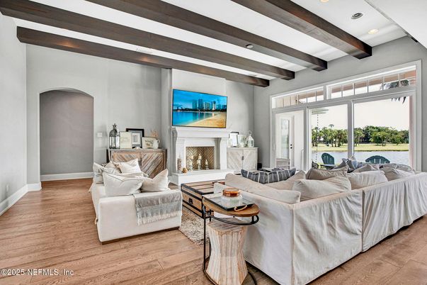 Fireplace, Interior, Living room, Recessed Lighting, Water, Wooden Beams, Wood Texture Flooring