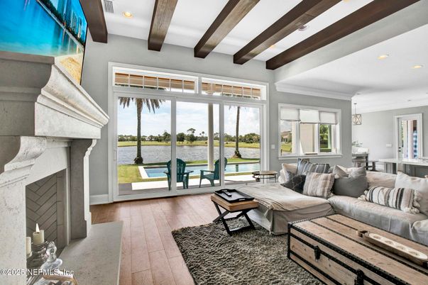Fireplace, Interior, Living room, Recessed Lighting, Water, Wooden Beams, Wood Texture Flooring