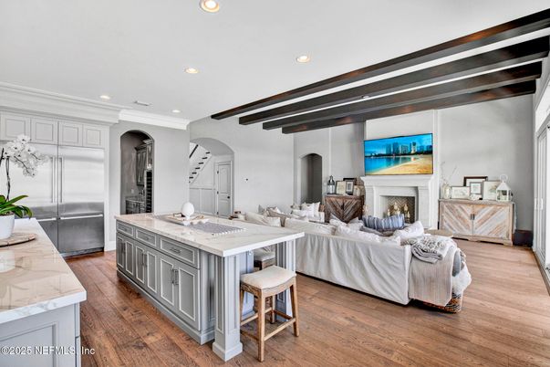 Fireplace, Interior, Kitchen, Living room, Recessed Lighting, Wooden Beams, Wood Texture Flooring