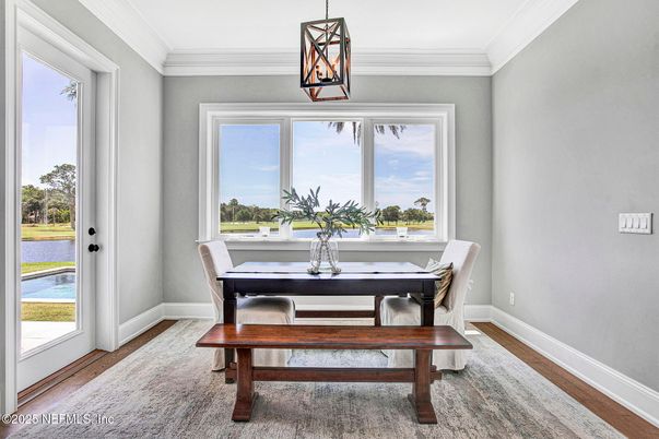 Dining room, Interior, Pendant Lights, Water, Wood Texture Flooring