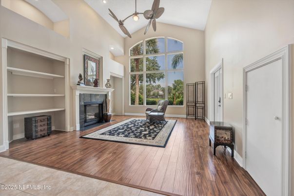 Fireplace, Interior, Pendant Lights, Wood Texture Flooring
