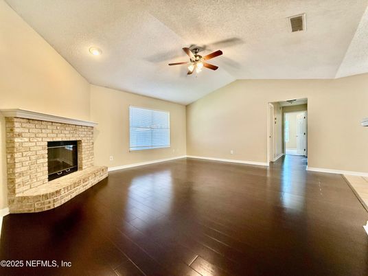 Empty room, Fireplace, Interior, Recessed Lighting, Wood Texture Flooring