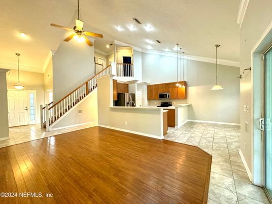 Interior, Kitchen, Pendant Lights, Recessed Lighting, Wood Texture Flooring