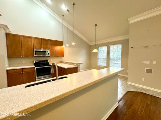 Interior, Kitchen, Pendant Lights, Recessed Lighting, Stainless Steel Appliances, Wood Texture Flooring