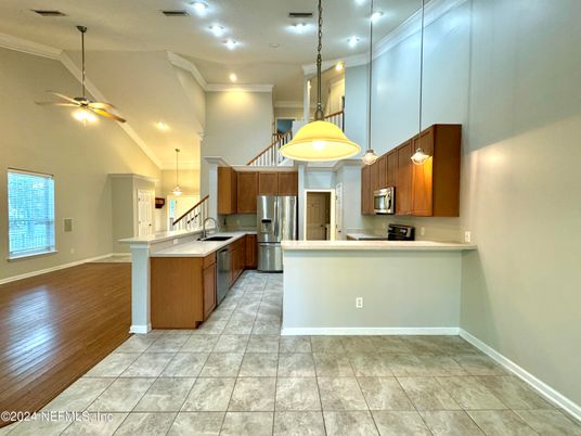 Interior, Kitchen, Pendant Lights, Recessed Lighting, Stainless Steel Appliances, Wood Texture Flooring