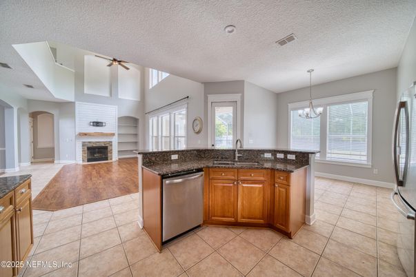 Chandelier, Fireplace, Interior, Kitchen, Pendant Lights, Recessed Lighting