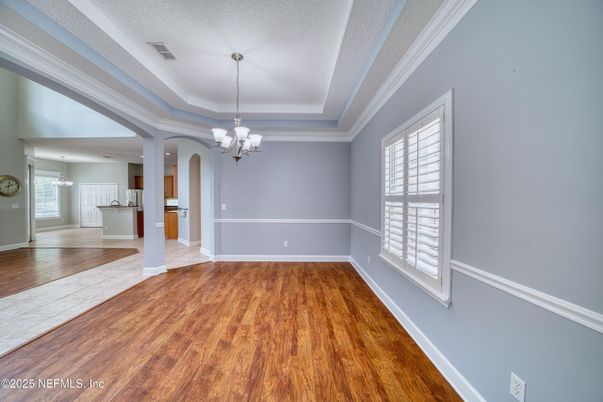 Chandelier, Empty room, Interior, Kitchen, Pendant Lights, Wood Texture Flooring