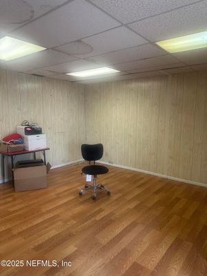 Home Office, Interior, Recessed Lighting, Wood Texture Flooring, Wooden Walls