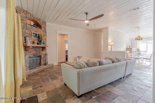 Dining room, Fireplace, Interior, Living room, Pendant Lights, Stone Walls