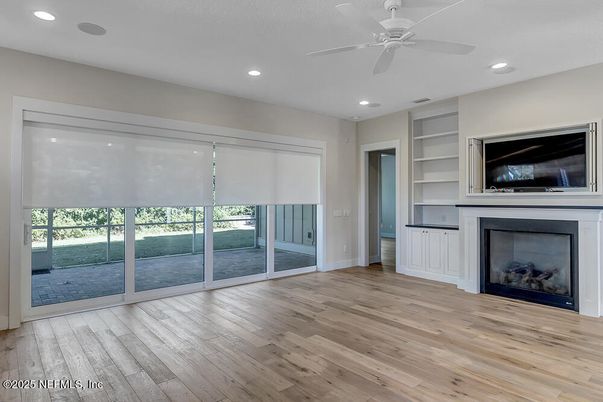 Empty room, Fireplace, Interior, Recessed Lighting, Wood Texture Flooring