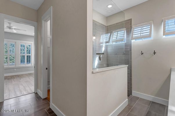 Bathroom, Glass Shower, Interior, Recessed Lighting, Wood Texture Flooring