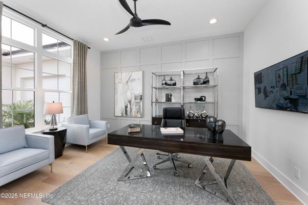 Home Office, Interior, Recessed Lighting, Wood Texture Flooring