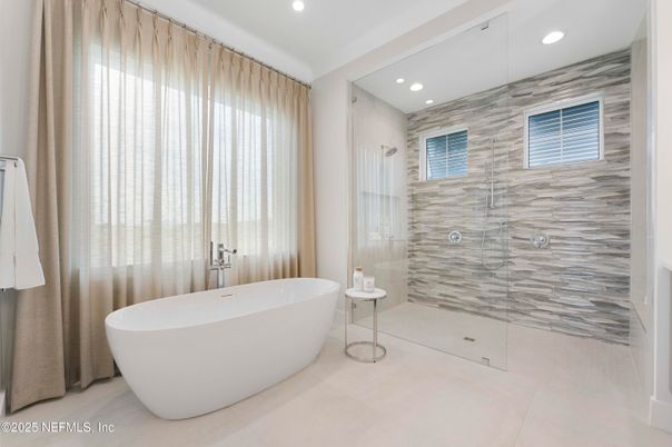 Bathroom, Free Standing Baths, Glass Shower, Interior, Marble Walls, Recessed Lighting