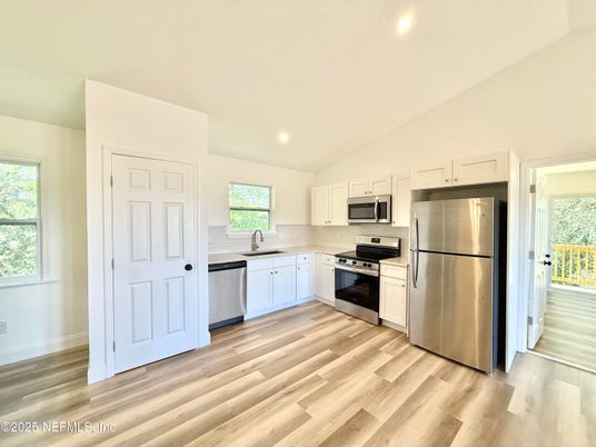 Interior, Kitchen, Recessed Lighting, Stainless Steel Appliances, Wood Texture Flooring