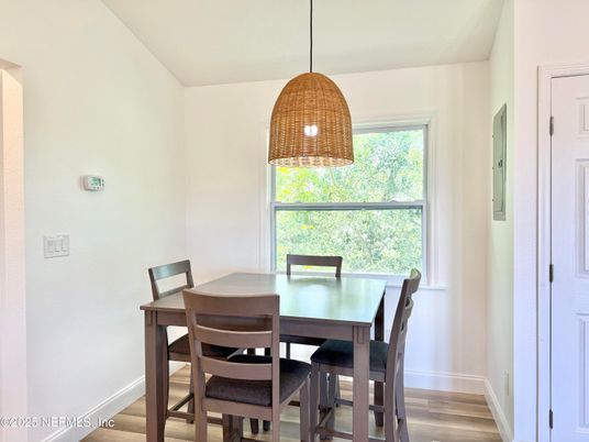Dining room, Interior, Pendant Lights, Wood Texture Flooring