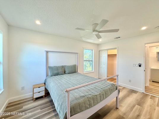 Bedroom, Interior, Recessed Lighting, Wood Texture Flooring