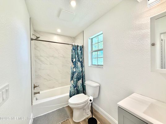 Bathroom, Interior, Marble Walls, Recessed Lighting, Wood Texture Flooring