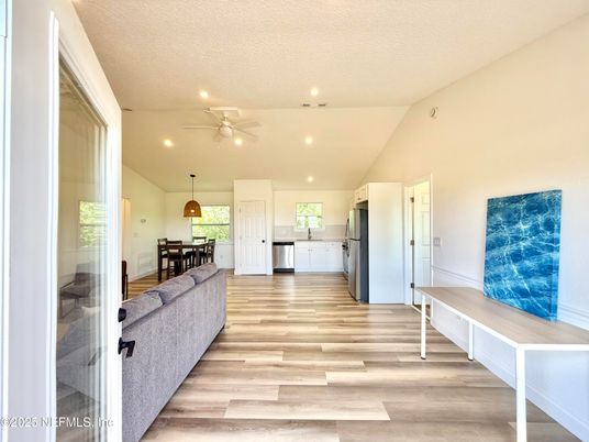 Dining room, Interior, Pendant Lights, Recessed Lighting, Wood Texture Flooring