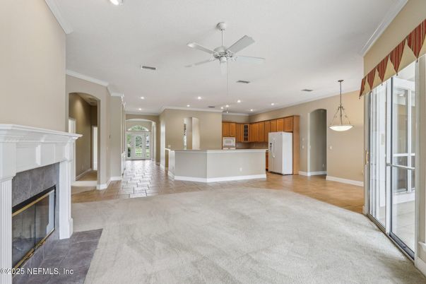 Empty room, Fireplace, Interior, Kitchen, Pendant Lights, Recessed Lighting