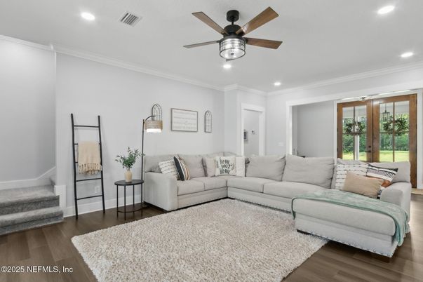Interior, Living room, Recessed Lighting, Wood Texture Flooring